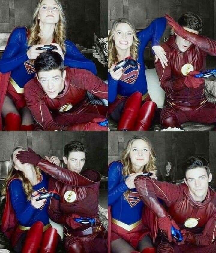 two photos of a man and woman dressed as supermans