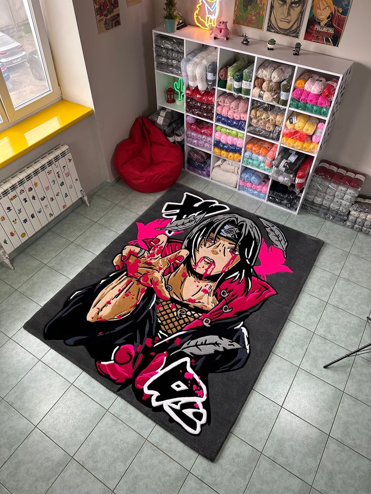 a large rug with an anime character on it in a room filled with craft supplies