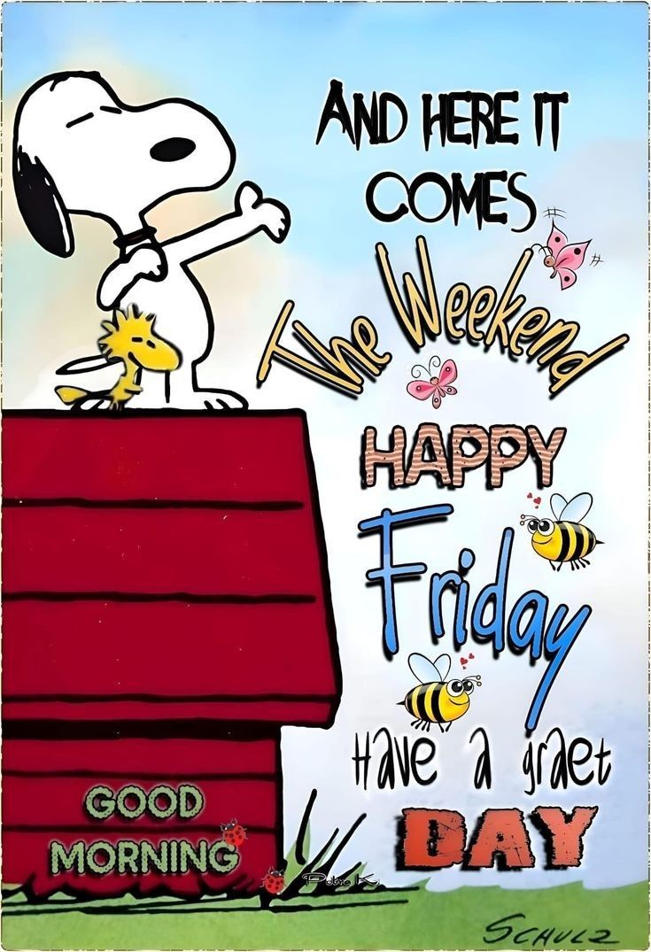 a snoopy dog on top of a building with the words happy friday have a nice day