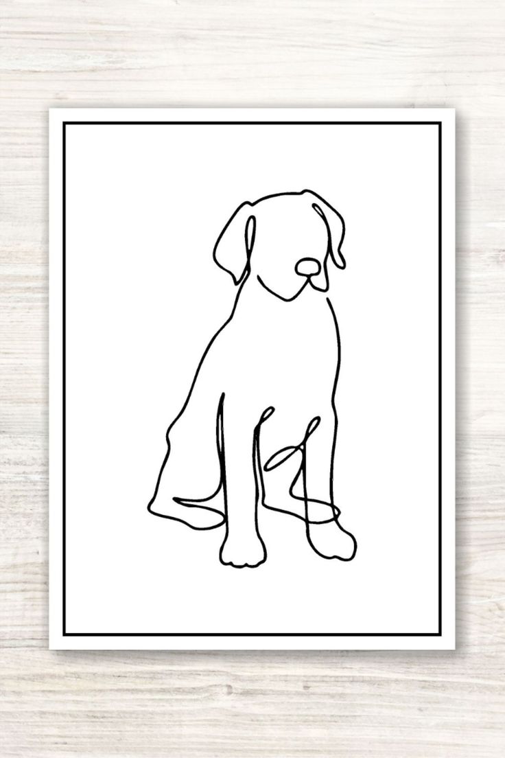 a black and white drawing of a dog sitting on top of a wooden floor next to a