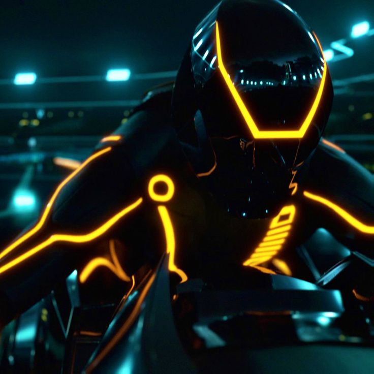 a futuristic man riding on the back of a motorcycle in a dark room with neon lights