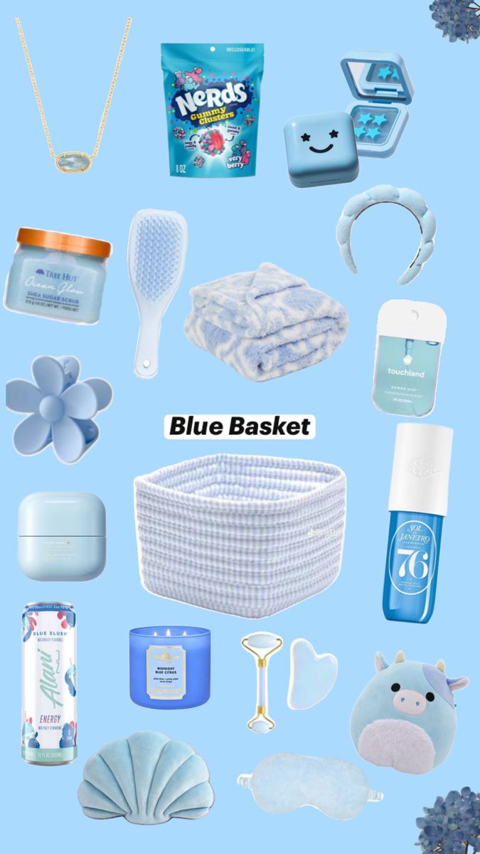 #bluebasket#onecolor#giftideas Blue Basket Gift Ideas, Blue Themed Gift Baskets, Blue Gift Basket, Basket Gift Ideas, Making A Gift Basket, Big Little Basket, Blue Basket, Best Gift Baskets, Birthday Basket