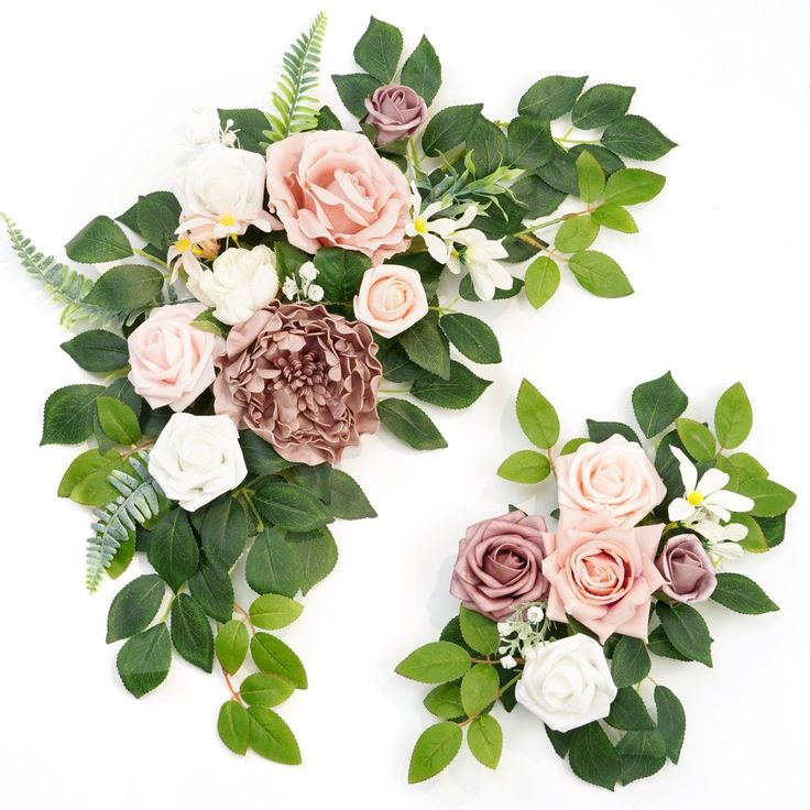 two bouquets of flowers with green leaves on a white background, one is pink and the other is purple