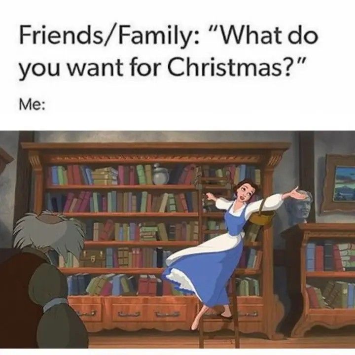 an animated image of a woman standing in front of a bookshelf with the caption friends / family what do you want for christmas? me