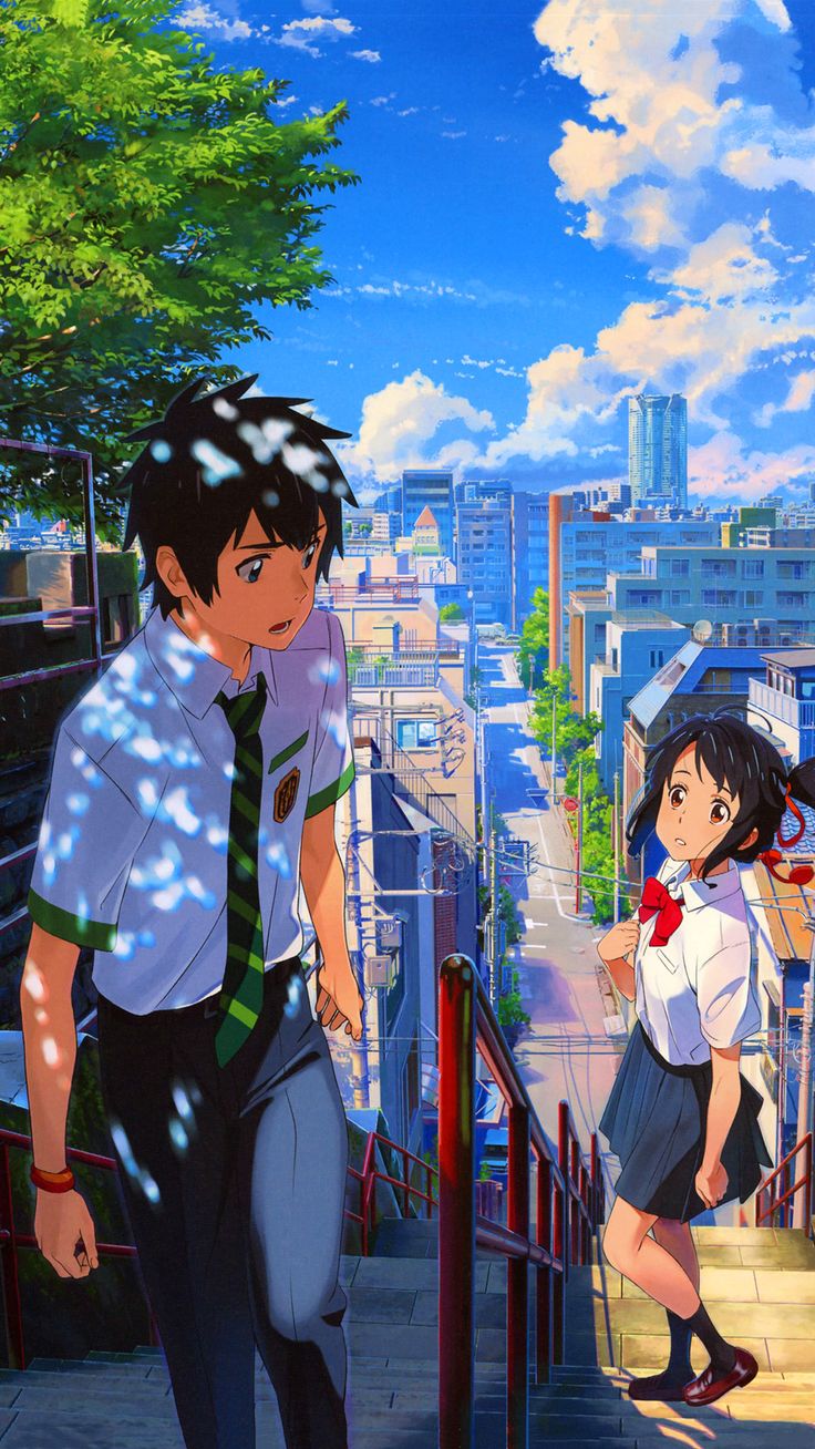 an anime scene with two people walking up the stairs and one person standing on the other side