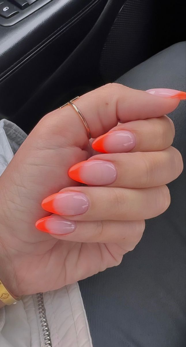 Hot Orange French Tip Nails, Neon Orange French Tip Nails Almond, Summer Nails Inspo French Tip, Bright Orange Tip Nails, Coral Orange French Tip Nails, Bright Summer Nails French Tips, Acrylic Nails Orange French Tip, Bright French Tip Nails Almond, French Tip Coral Nails