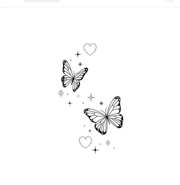 two butterflies flying in the sky with hearts