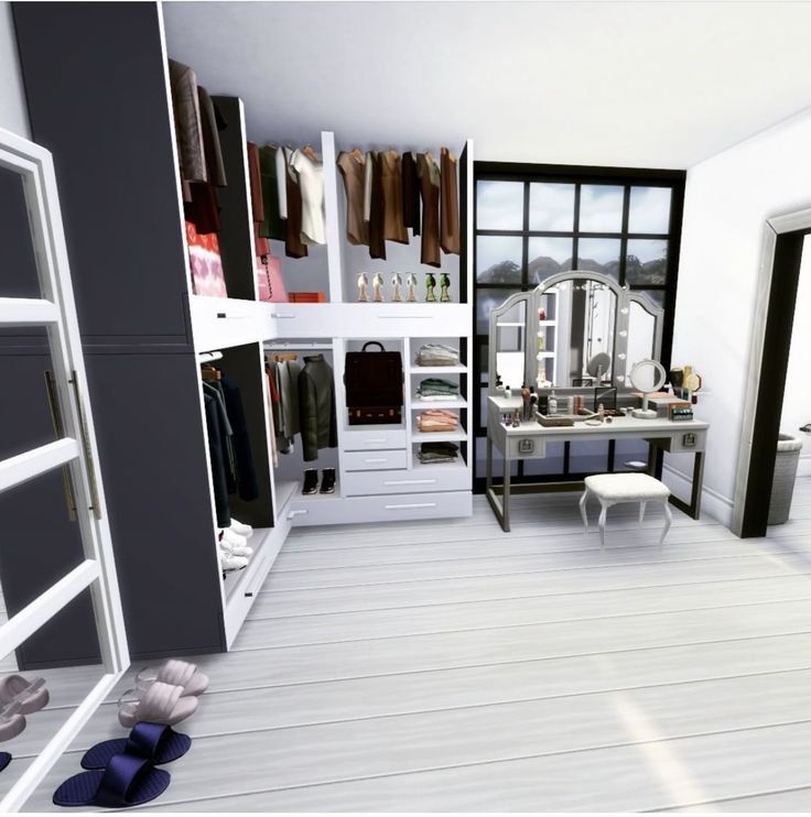 a room with white floors and lots of closet space