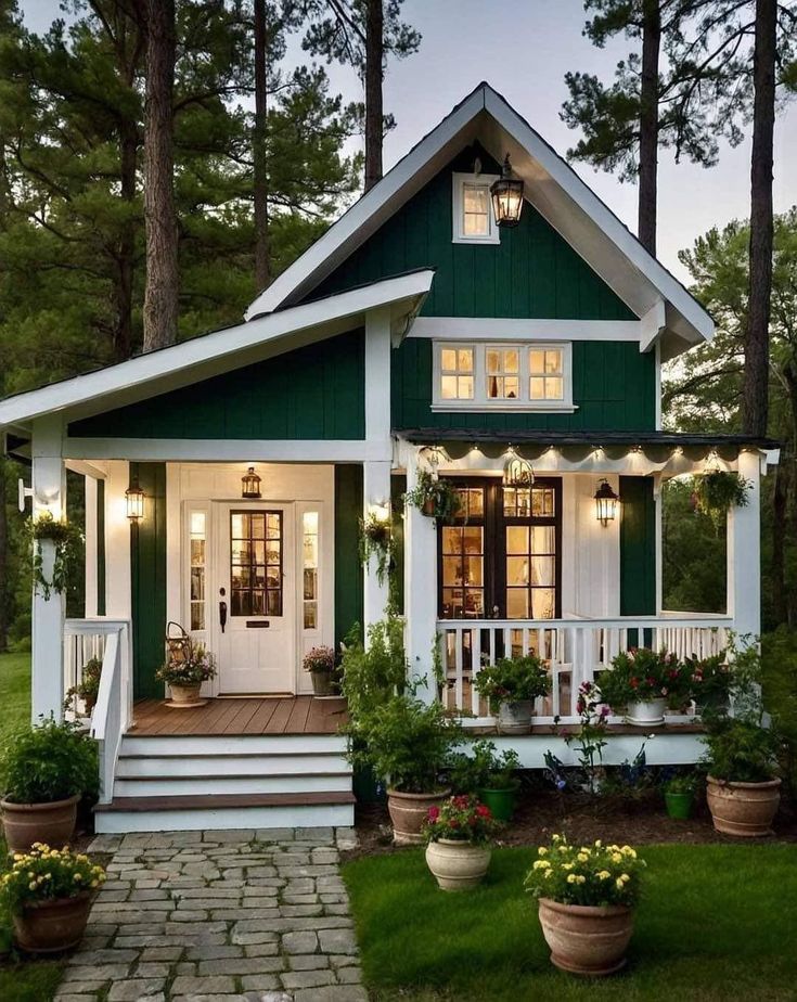 a green and white house with potted plants on the front porch is lit up at night