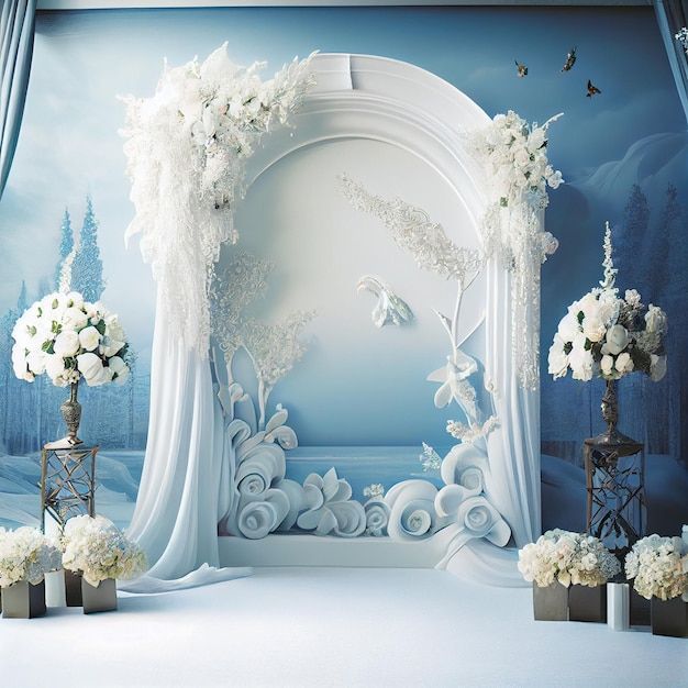 a decorated stage with white flowers and greenery in front of a blue backdrop for a wedding ceremony