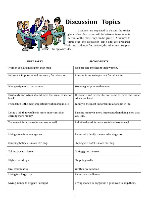 a table with two people talking to each other and the words discussion topics on it