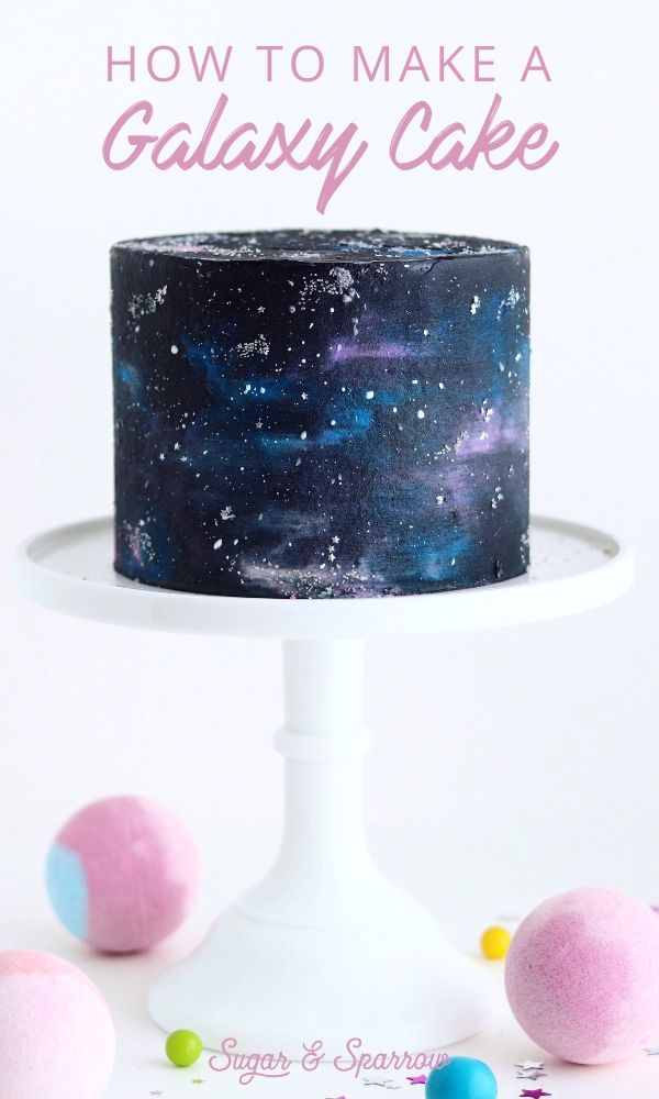 a galaxy cake with pink and blue balls around it