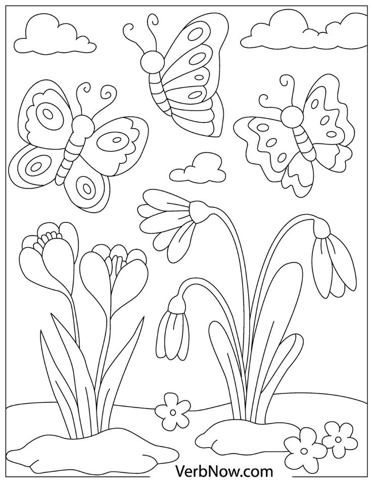 a coloring page with flowers and butterflies