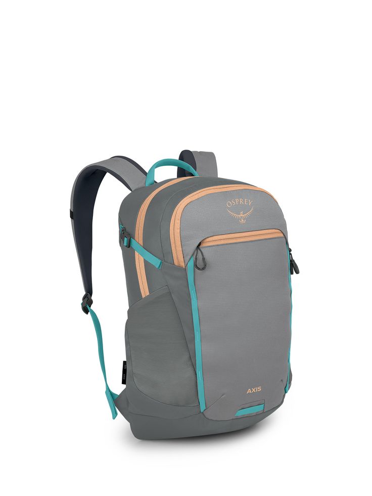 a gray backpack with blue trims on the front and back straps, sitting against a white background