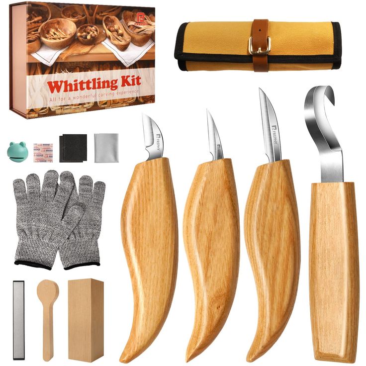 a set of three knives, gloves and other kitchen gadgets are in front of a box