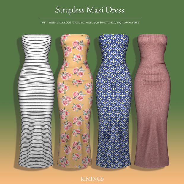 three dresses are shown in different colors and sizes, with the words strapless max dress