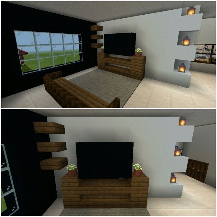 two pictures of a living room with a flat screen tv on the wall and a bed in the middle