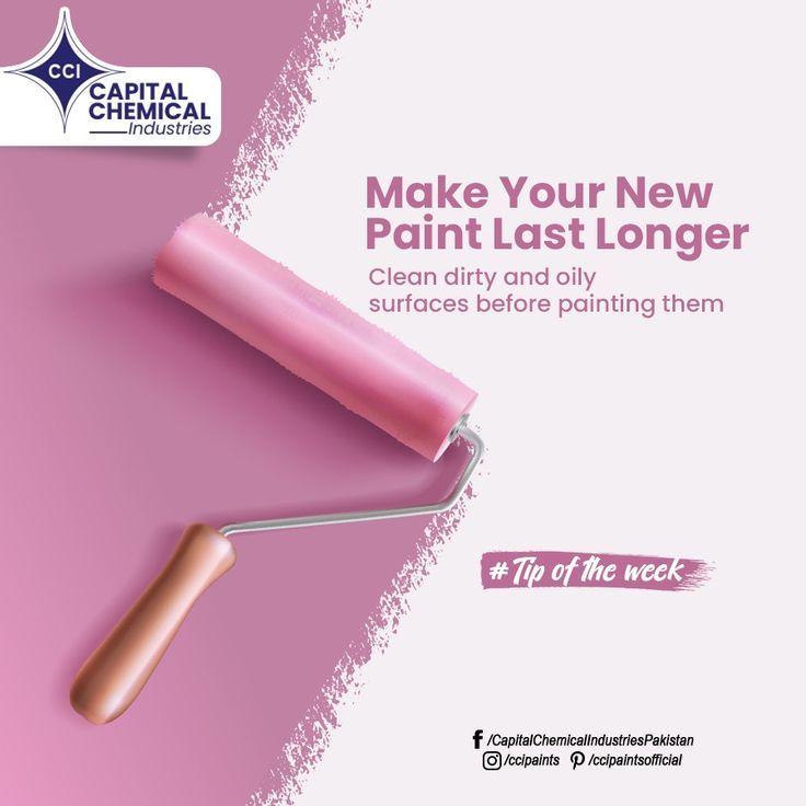 a pink paint roller with the words, make your new paint last longer clean and oily surfaces before painting them