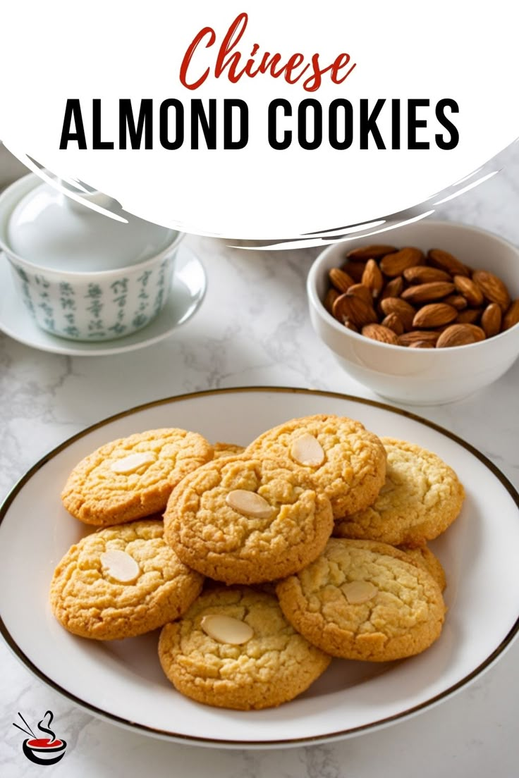 cookies and almonds on a white plate with the words chinese almond cookies above it