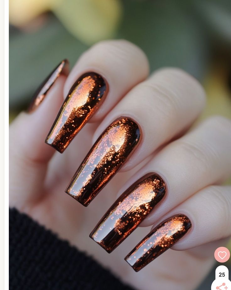 Wedding Guest Nails Fall, Fall Nails Copper, Chrome Coffin Nail Ideas, Thanksgiving Chrome Nails, Halloween Nails Chrome, Chrome Long Nails, Stiletto Nail Art Fall, Halloween Chrome Nails, Fall Chrome Nails Designs