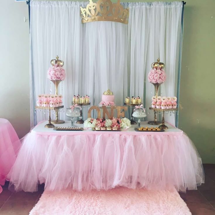 a table topped with pink and gold desserts