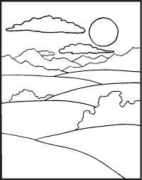 a black and white drawing of a landscape with mountains, clouds, and the sun