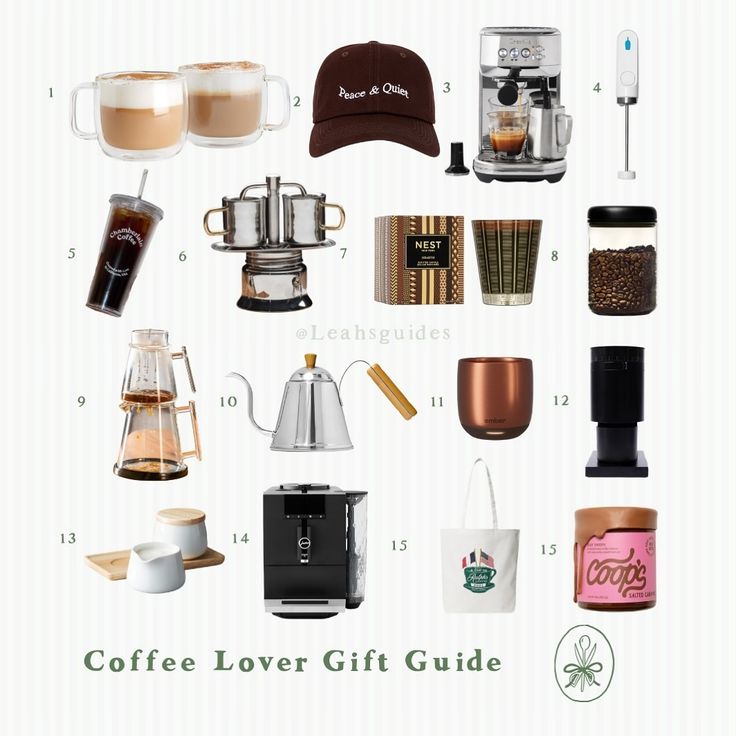 the coffee lover gift guide is filled with different types of coffee and espresso machines