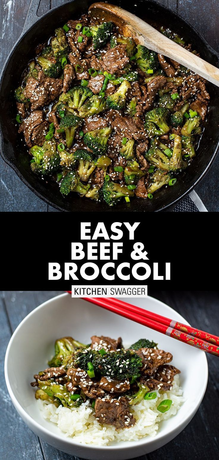 beef and broccoli stir fry in a skillet with chopsticks