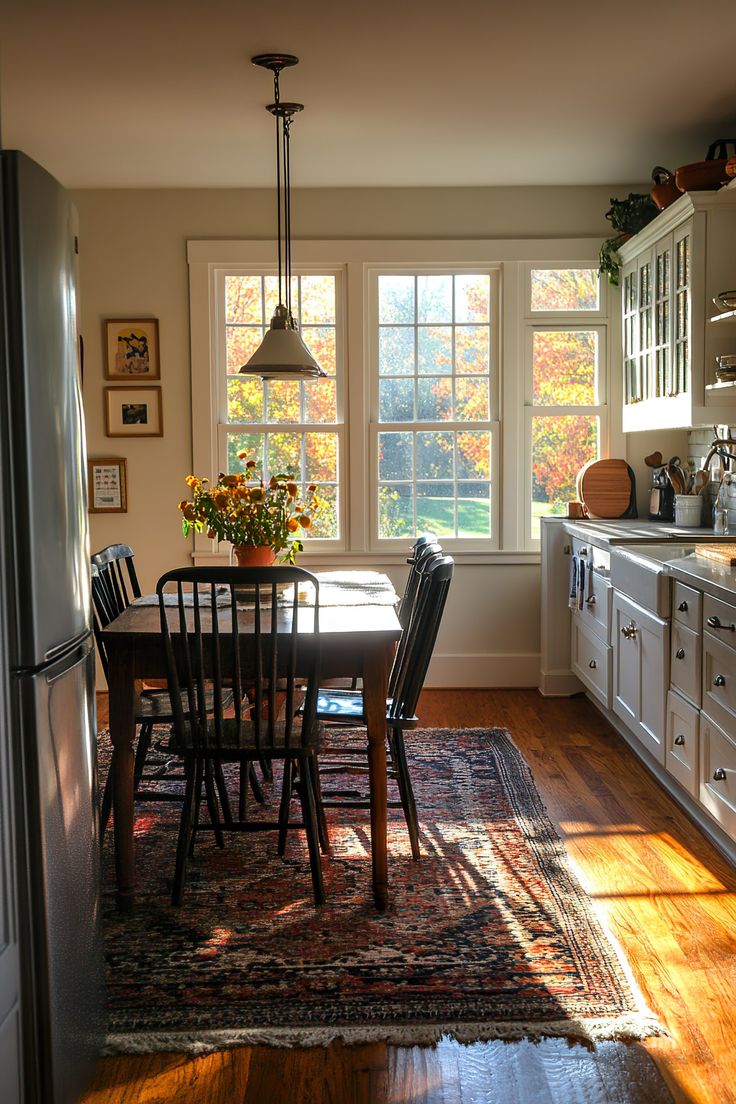 Cozy fall kitchen with large windows, framed wall art, vibrant autumnal leaves outside, and a warm dining table centerpiece. Perfect for autumn decor inspiration. Americana House Aesthetic, French Country Victorian, Small Dining Room In Kitchen, Mid Century Modern English Cottage, Townhouse Home Decor, All Creatures Great And Small Kitchen, Traditionalism Aesthetic, 1890 Home Interiors, Fall Decorations For Kitchen