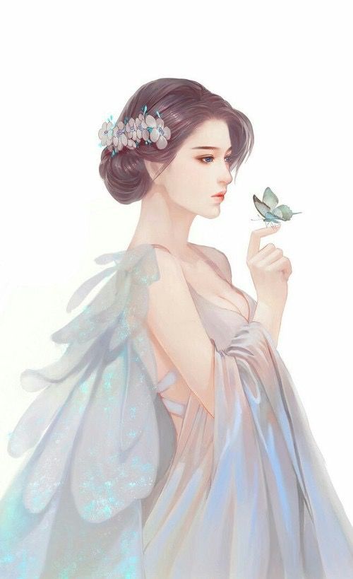 a painting of a woman with a butterfly in her hand and wearing a blue dress