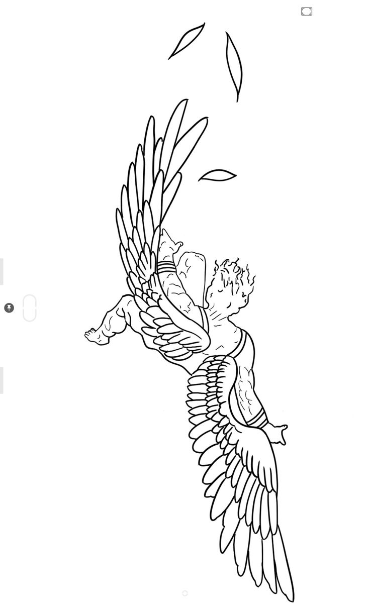 a black and white drawing of a bird flying with leaves on it's wings