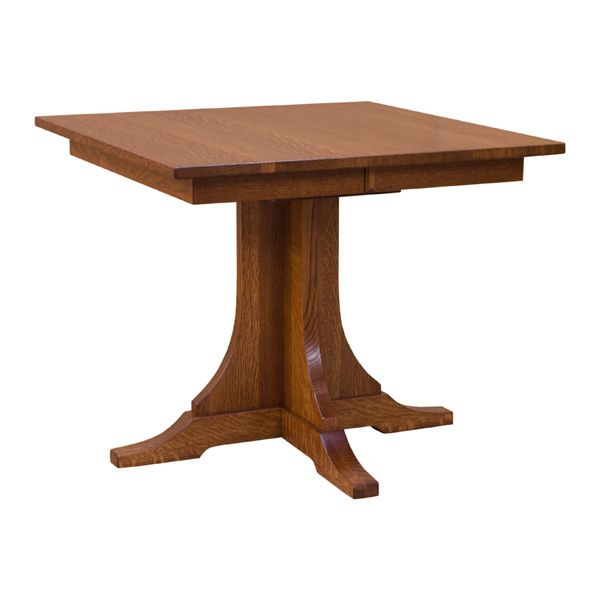 a square wooden table with two leaves on each end