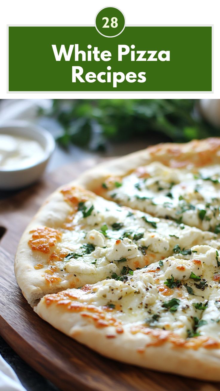 A delicious white pizza topped with creamy cheeses, fresh herbs, and savory toppings, perfect for any occasion and sure to impress your guests. Homemade Pizza Flavors, White Pizza With Tomatoes, White Chicken Pizza Recipe, Healthy White Pizza Sauce, White Pizza Topping Ideas, White Pizza Ideas, Pizza With White Sauce, Homemade White Pizza, White Pizza Sauce Recipe