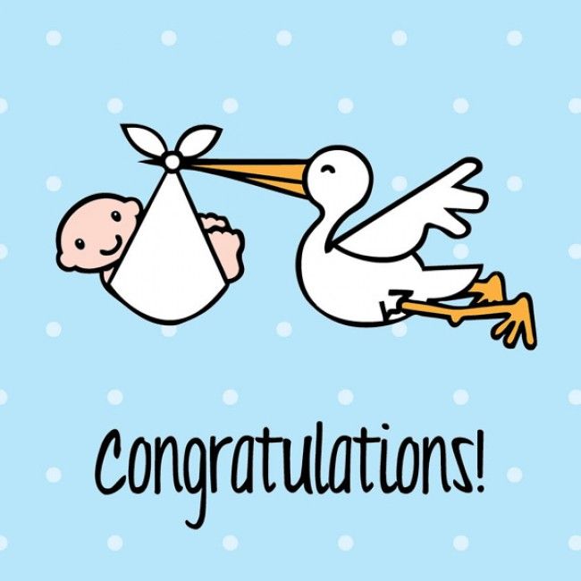 a stork carrying a baby in it's mouth with congratulations written on the side