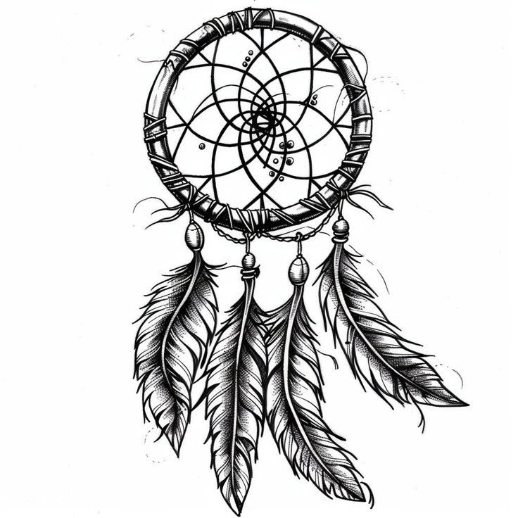 a black and white drawing of a dream catcher