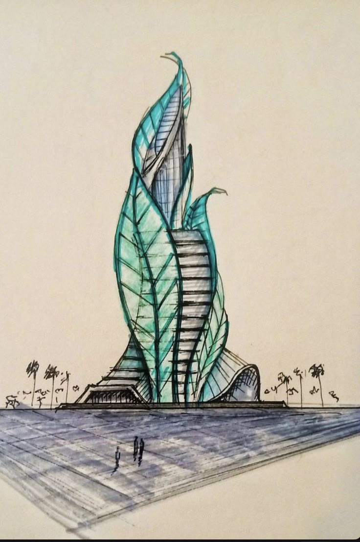 a drawing of a tall building with a spiral staircase going up it's side