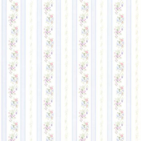 a white and blue striped wallpaper with pink flowers on the bottom half of it