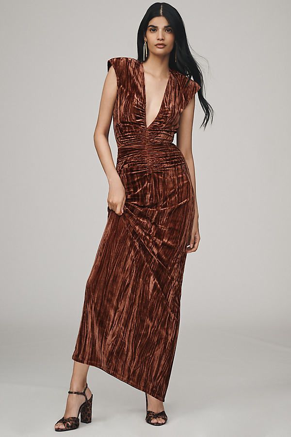 Cut from crinkle velvet, Haley stands statuesque. With its daring V-neckline and gathered detailing, the maxi dress enhances every curve with poise. | Hayley V-Neck Column Velvet Maxi Dress by Ronny Kobo in Brown, Women's, Size: Largearge, Polyester/Elastane at Anthropologie Bronze Dress, Maid Of Honour Dresses, Affordable Bridesmaid Dresses, Fall Wedding Guest Dress, Velvet Maxi Dress, Velvet Maxi, Ronny Kobo, Rust Dress, Rent The Runway