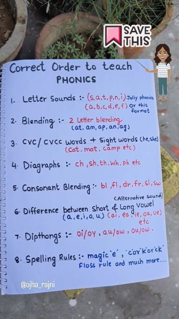 a handwritten order to teach phonics in front of some potted plants