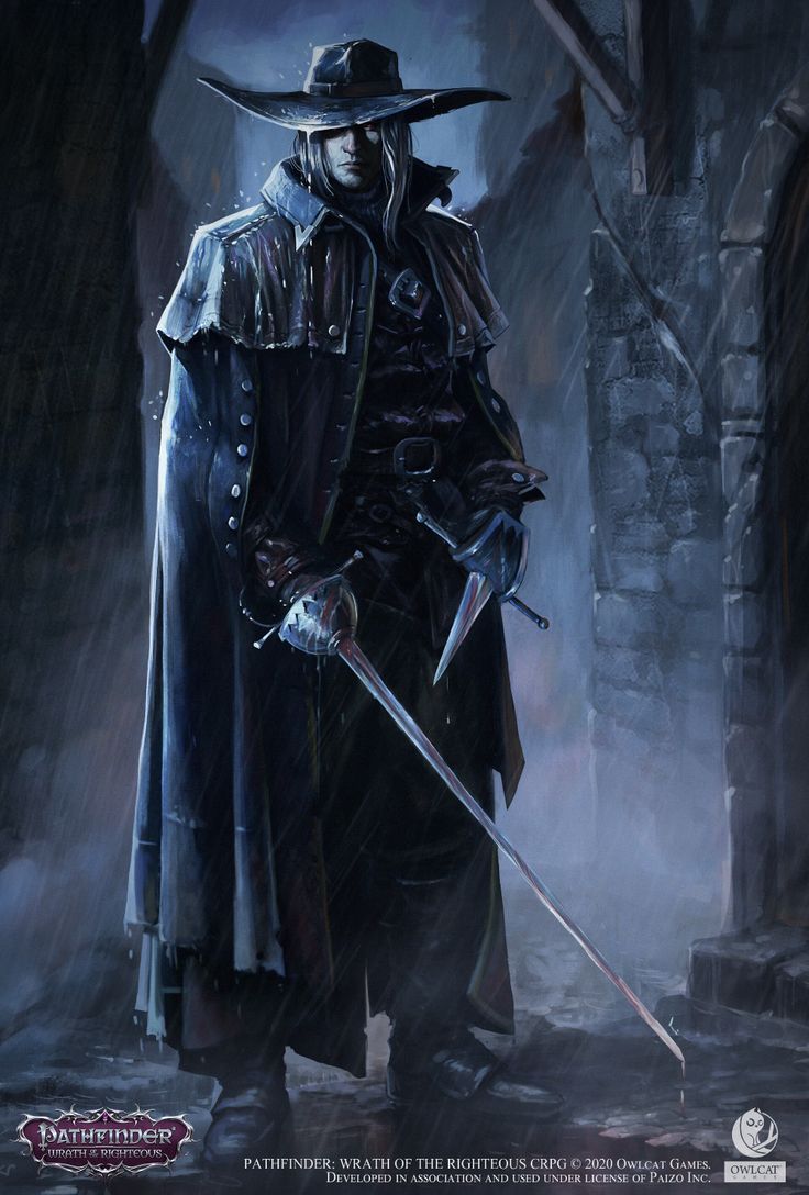 a man in a hat and coat holding two swords