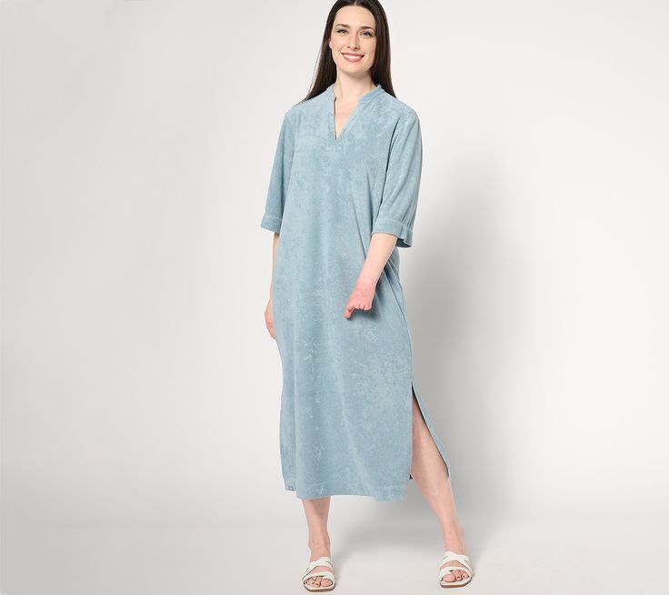 This caftan wraps you in the plushness of CozyTerry fabric, creating an oasis of relaxation and sophistication. The resort-ready piece is perfect for lounging at the pool or a vacation by the beach. Side slits provide ease of movement, the V-neckline frames the decollete perfectly, and wide sleeve openings offer added comfort and drape. From Barefoot Dreams. Casual Robe For Relaxation, Relaxed Fit V-neck Cover-up For Loungewear, Summer Casual Lounging Robe, Casual Summer Lounging Robe, Casual Summer Robe For Lounging, V-neck Beachwear Kaftan For Loungewear, Chic V-neck Beach Sleepwear, Casual V-neck Kaftan For Loungewear, Relaxed Fit Kaftan With Kimono Sleeves For Loungewear