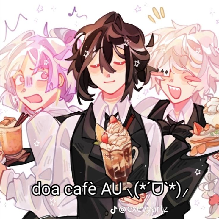 three anime characters are holding ice cream sundaes and one is eating an ice cream sundae