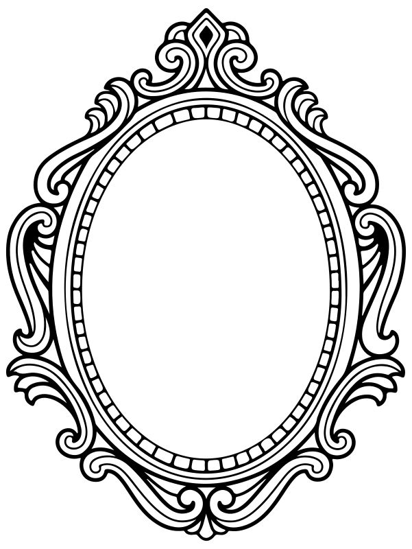 a black and white drawing of an oval frame