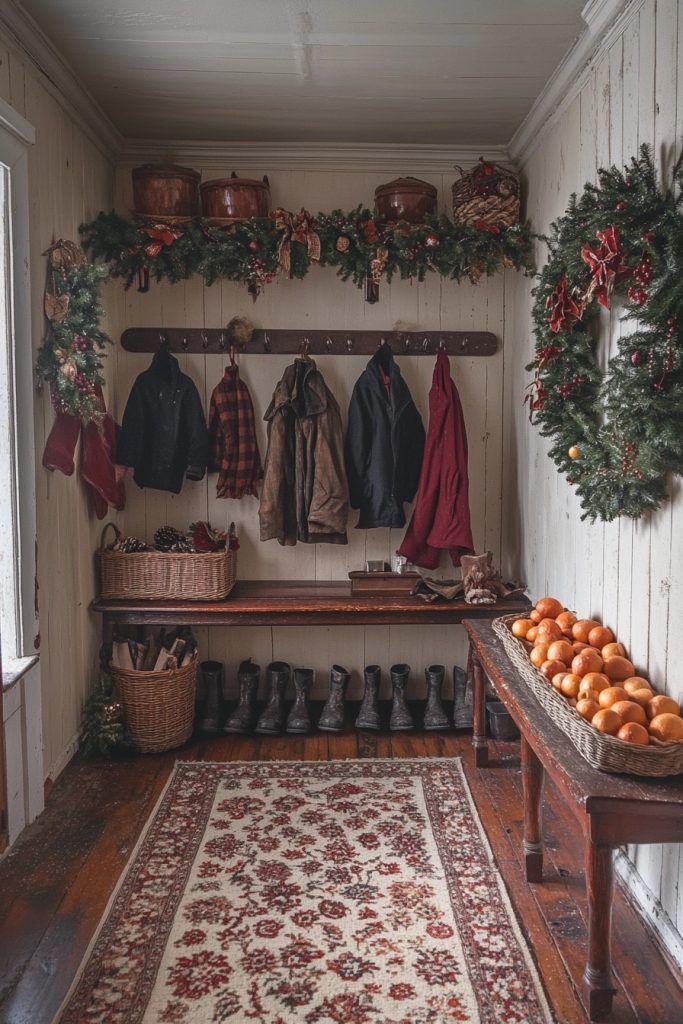 a room filled with lots of clutter next to a wooden bench covered in oranges