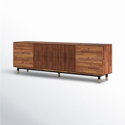 the sideboard is made out of wood and has two drawers, one with metal legs