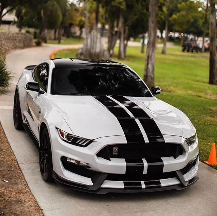 a white and black mustang parked on the side of a road