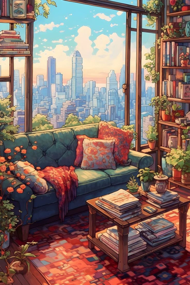 a painting of a living room with a view of the city from it's windows