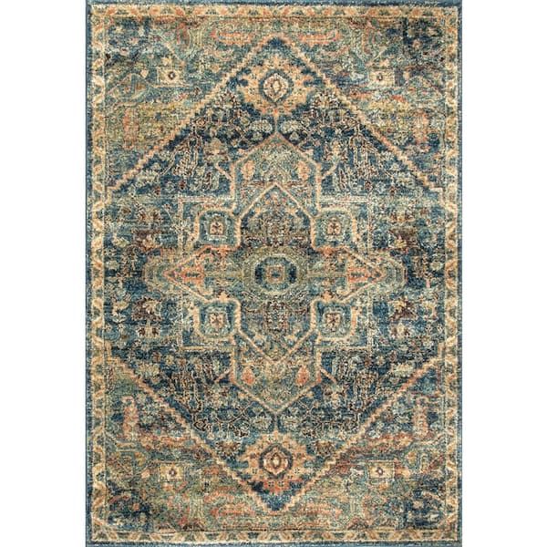 an area rug with blue, orange and beige colors on it's edges is shown