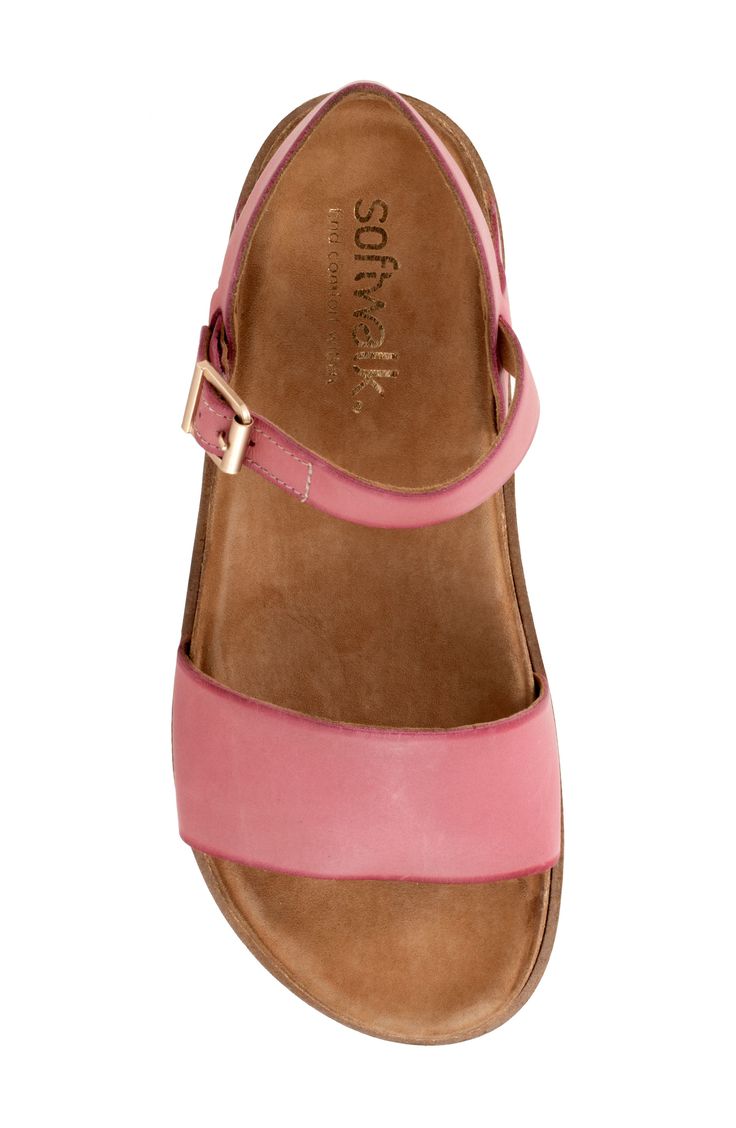 A rich leather upper adds timeless appeal to a minimalist sandal grounded by a cushioned footbed for comfortable wear. 1" heel; 1/2" platform Adjustable ankle strap with buckle closure Leather upper/textile lining/synthetic sole Cushioned footbed with arch support Imported Wide Feet Sandals, Sandals With Arch Support For Women, Pink Sandals With Buckle Closure And Single Toe Strap, Pink Leather Footbed Sandals With Removable Insole, Pink Leather Footbed Sandals For Summer, Pink Sport Sandals With Adjustable Strap For Spring, Spring Pink Sport Sandals With Adjustable Strap, Pink Wedge Sandals With Ankle Strap And Buckle Closure, Pink Ankle Strap Wedge Sandals With Buckle Closure