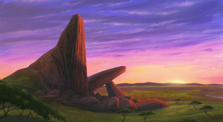 a painting of a rock formation in the middle of a field